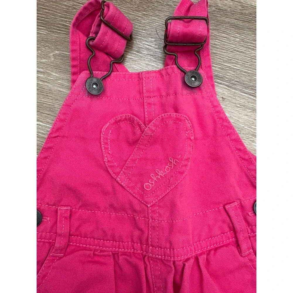 Vintage OshKosh Pink Heart Overalls Denim Adjustable Straps Baby 6m Y2k Preppy‎